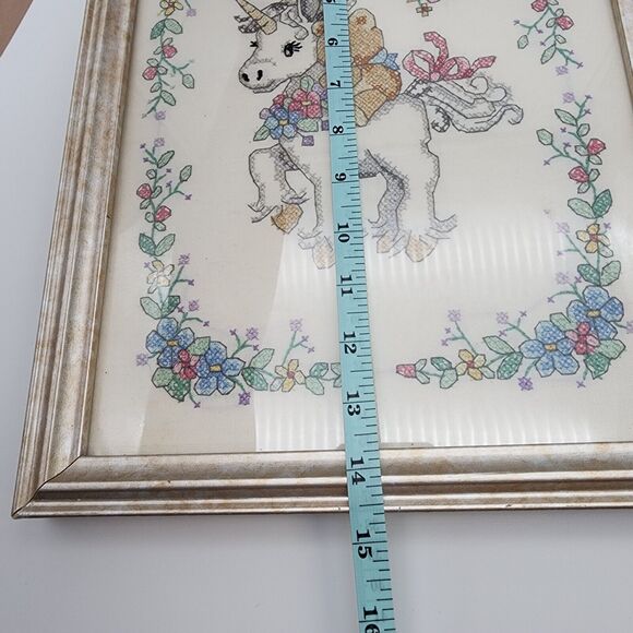Vtg 90s Dimensions Unicorn Teddy Cross Stitch Framed Art Welcome Baby 14.5x11.5 - Picture 7 of 7